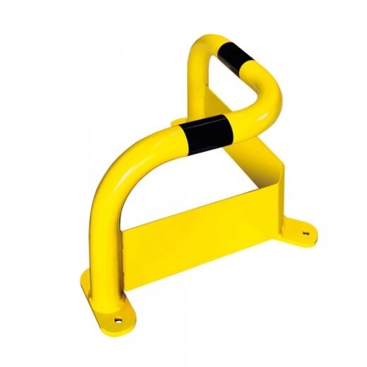 Gelb-schwarze Eckschutzbarriere aus Metall mit durchgehender Schutzplatte, ideal zum Absichern von Wand- und Regalecken.