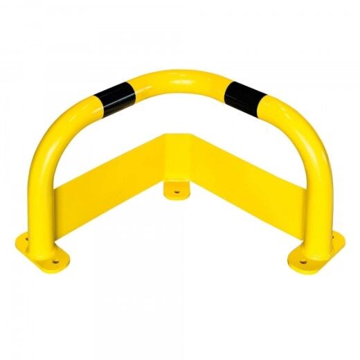 Gelb-schwarze Eckschutzbarriere aus Metall mit durchgehender Schutzplatte, ideal zum Absichern von Wand- und Regalecken.