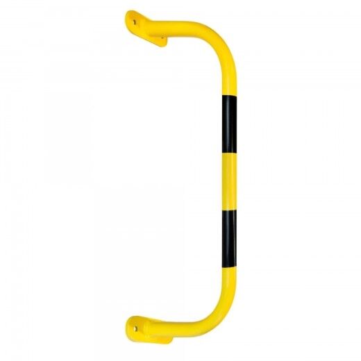 Gelber, hoher U-förmiger Rohrbügel mit zwei schwarzen Streifen und Befestigungslöchern an den Enden, vor weißem Hintergrund.