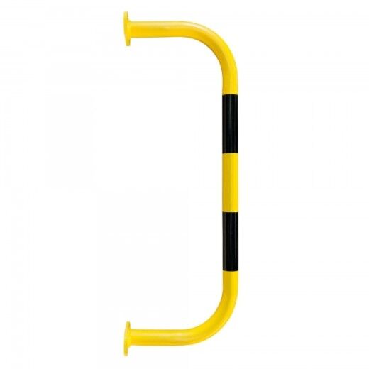 Gelber, hoher U-förmiger Rohrbügel mit zwei schwarzen Streifen und Befestigungslöchern an den Enden, vor weißem Hintergrund.