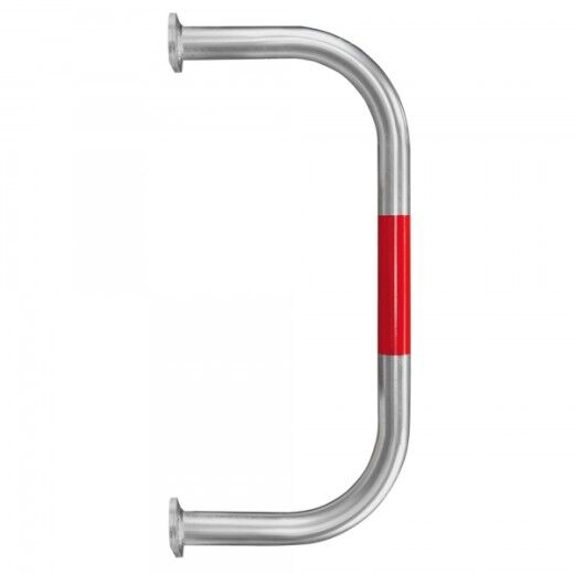 Langer, silberner U-förmiger Metallbügel mit rotem Streifen in der Mitte und Befestigungslöchern an beiden Enden.
