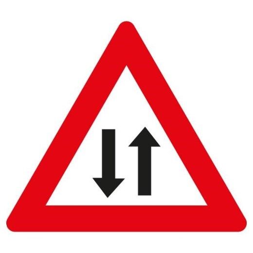 Verkehrsschild mit rotem Dreieck und zwei Pfeilen, das auf Gegenverkehr hinweist.