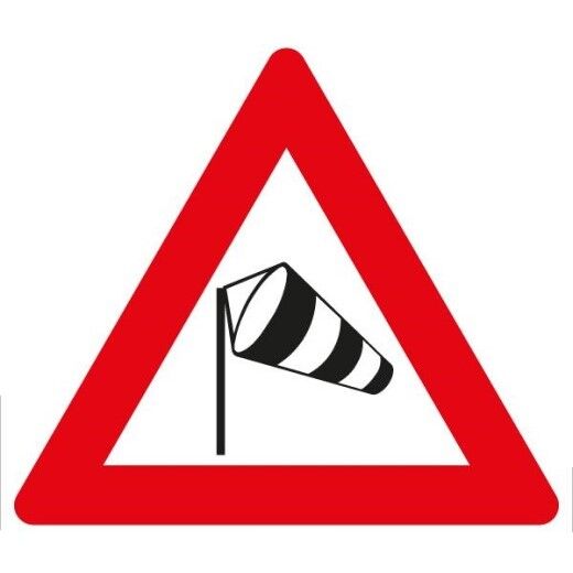 Verkehrsschild mit rotem Dreieck und Windsack, das auf Seitenwind hinweist.