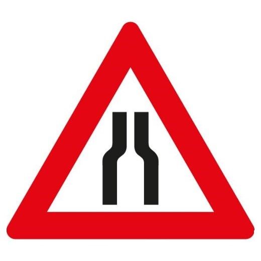 Verkehrsschild mit rotem Dreieck und schwarzem Symbol für Fahrbahnverengung beidseitig.