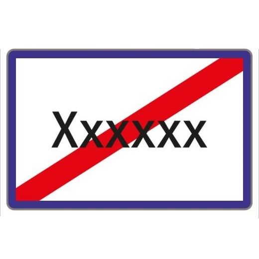 Weißes Schild mir blauen Rand. Von links unten nach rechts oben ein roter Strich für Ortsbezeichnung Ende.