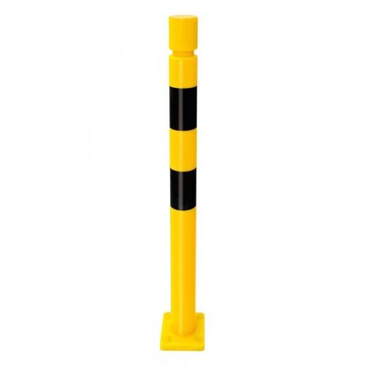 Flexibler Rammschutz-Poller aus gelbem Kunststoff mit schwarzen Streifen in klassischer Form, zur Vermeidung von Anfahrschäden.