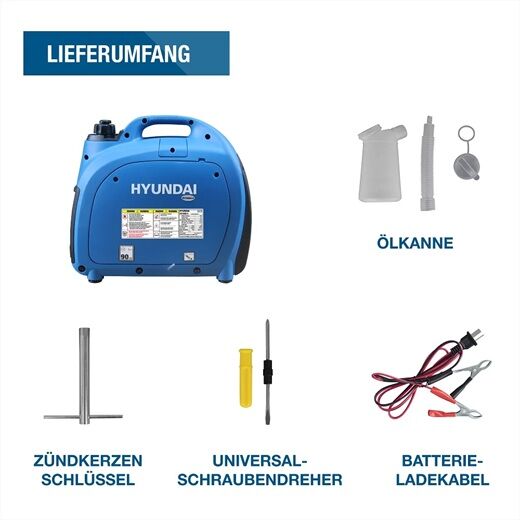 Lieferumfang: Hyundai-Generator, Ölkanne, Zündkerzenschlüssel, Universalschraubendreher, Batterieladekabel – Zubehör für Wartung und Betrieb.