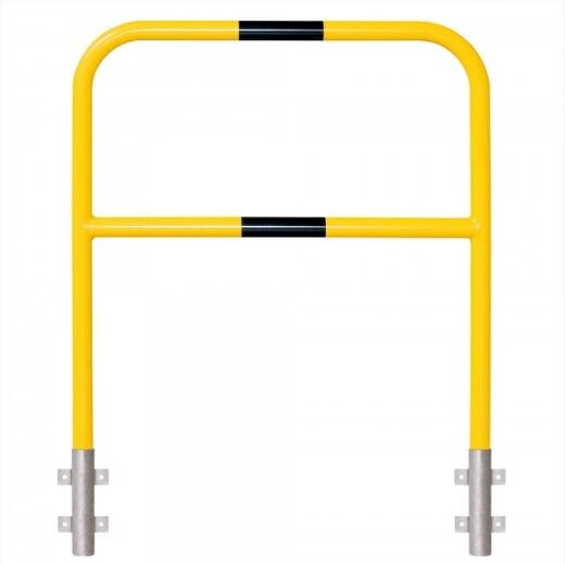 Gelber Schutzbügel mit Querstrebe, montiert in zwei silbernen Bodenhülsen mit Befestigungslaschen.
