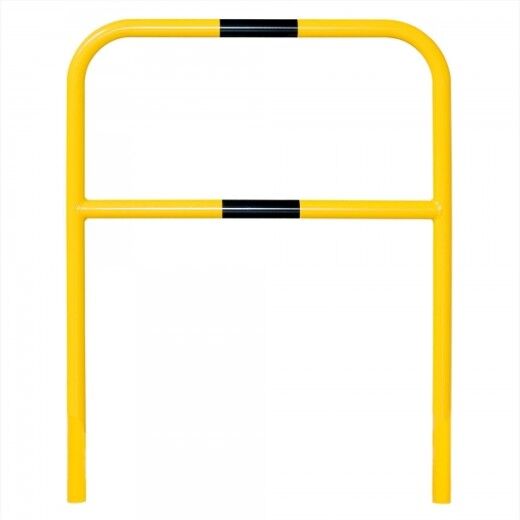 Gelber Stahlbügel mit Querstrebe und zwei schwarzen Markierungen, zur Absicherung von Bereichen.