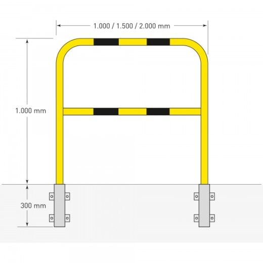 Maßzeichnung eines Schutzbügels mit zwei Befestigungshülsen, jeweils 300 mm tief, mit Flanschplatten.