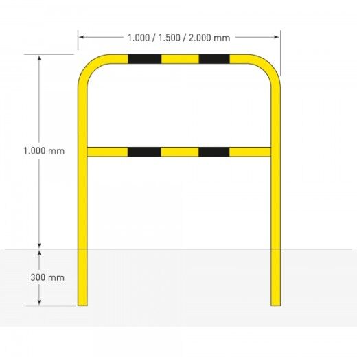 Zeichnung eines gelben Schutzbügels mit Maßen: 1000 mm Höhe, 300 mm Einbautiefe, Breiten variabel.