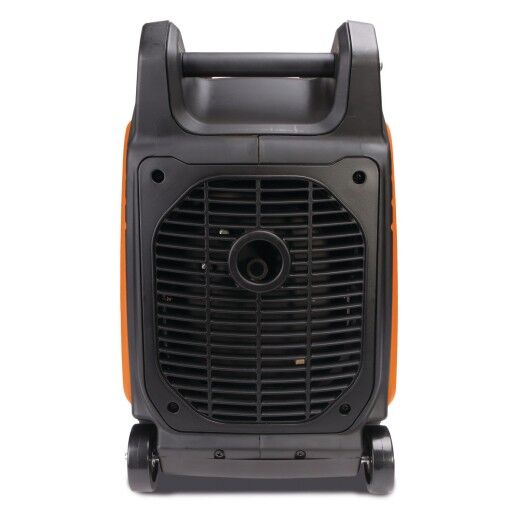 Vorderansicht eines tragbaren Generators mit schwarzem Lüftungsgitter, Griff und Rollen.