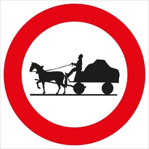 Verkehrszeichen: Weißer Kreis mit rotem Rand, schwarzes Fuhrwerk. Bedeutet: Fahrverbot für Fuhrwerke