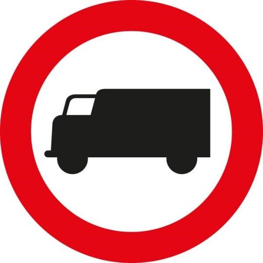 Verkehrszeichen: Weißer Kreis mit rotem Rand & schwarzem LKW. Bedeutet: Fahrverbot für Lastkraftfahrzeuge.