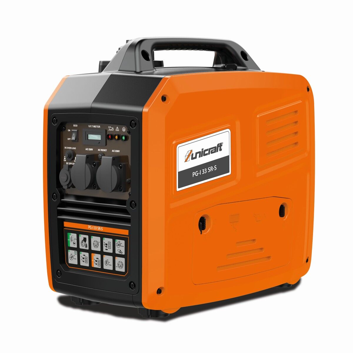 Stromerzeuger in Orange-Schwarz, seitliche Ansicht mit Bedienfeld und Symbolaufdruck