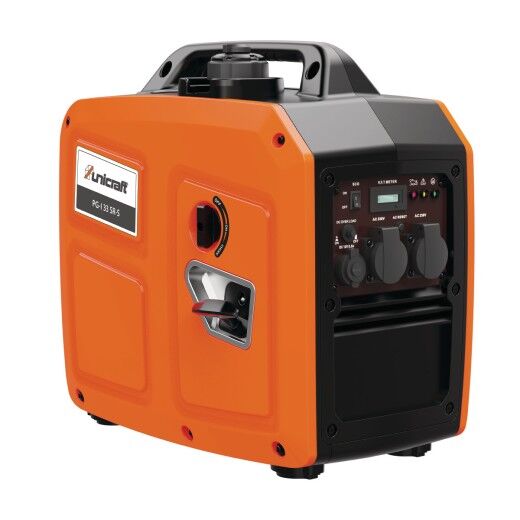 Orange-schwarzer Inverter-Stromerzeuger mit Bedienfeld, Steckdosen und Schaltern.