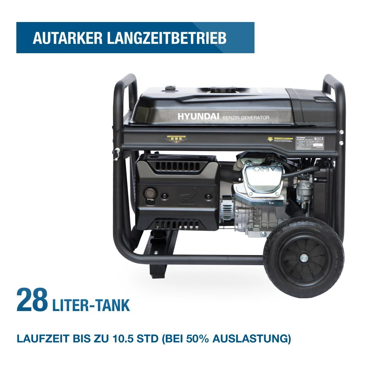 Hyundai HY8500LEK Generator von der Seite mit Motor, großem Tank und 28-Liter-Angabe auf weißem Hintergrund.