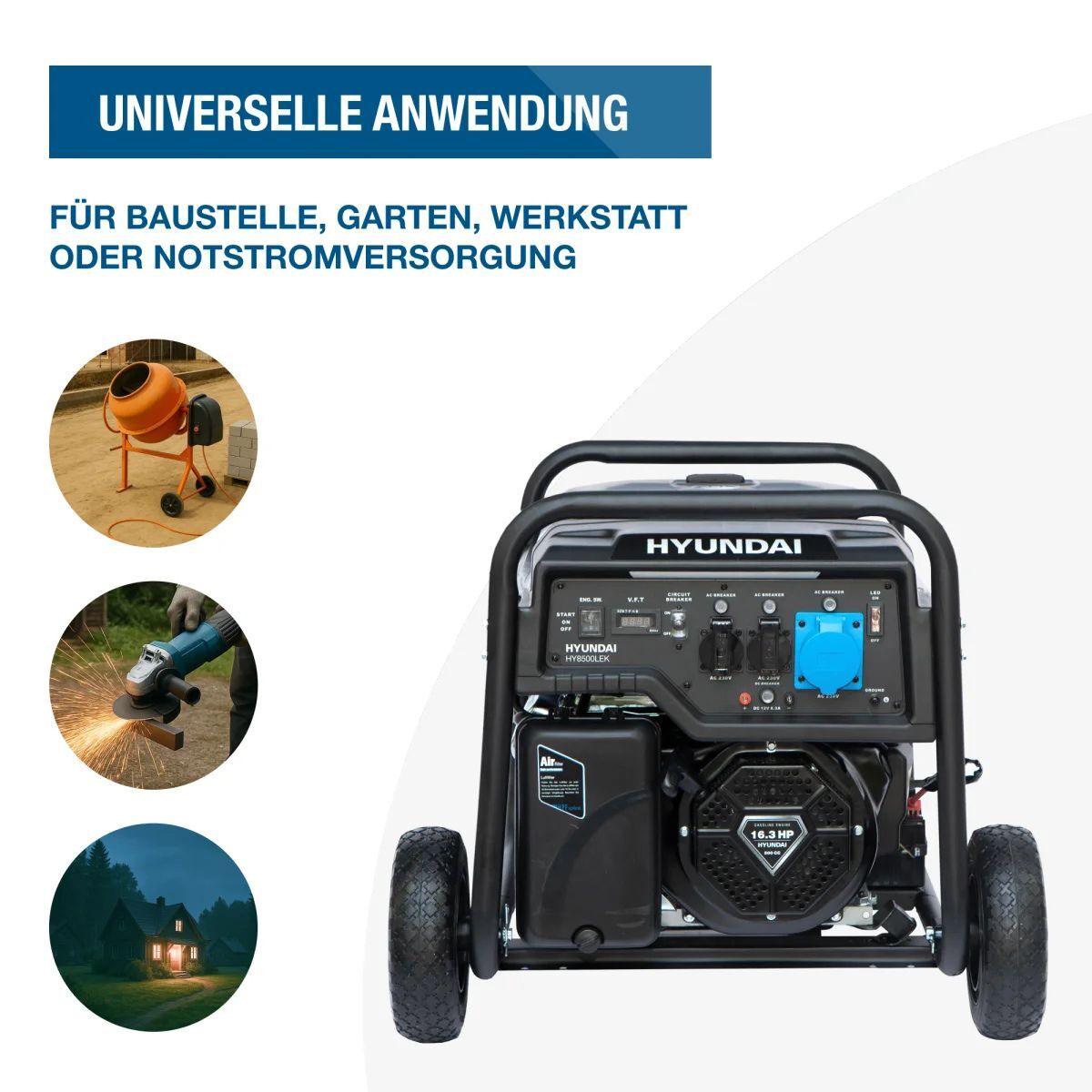 Hyundai HY8500LEK Generator frontal, daneben drei runde Bilder mit Beispielen wie Betonmischer, Winkelschleifer und Hausbeleuchtung.