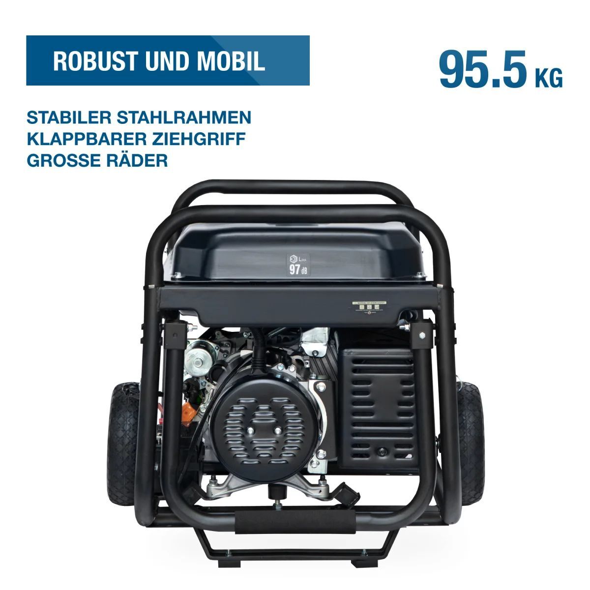Frontansicht eines Hyundai HY8500LEK Generators mit Stahlrahmen, Motor und großen Rädern auf weißem Hintergrund