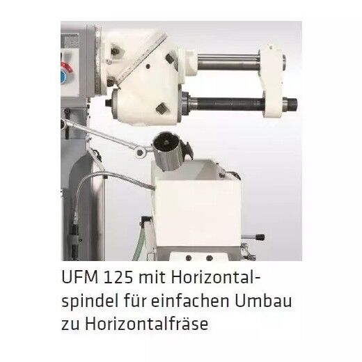 Seitenansicht einer Fräsmaschine mit Horizontalspindel für einfachen Umbau zur Horizontalfräse, weiß-graues Gehäuse.