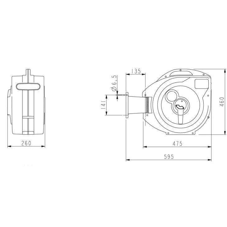 Technische Zeichnung einer automatischen Schlauchaufrolleinheit mit Maßangaben in Millimetern, Seiten- und Vorderansicht.