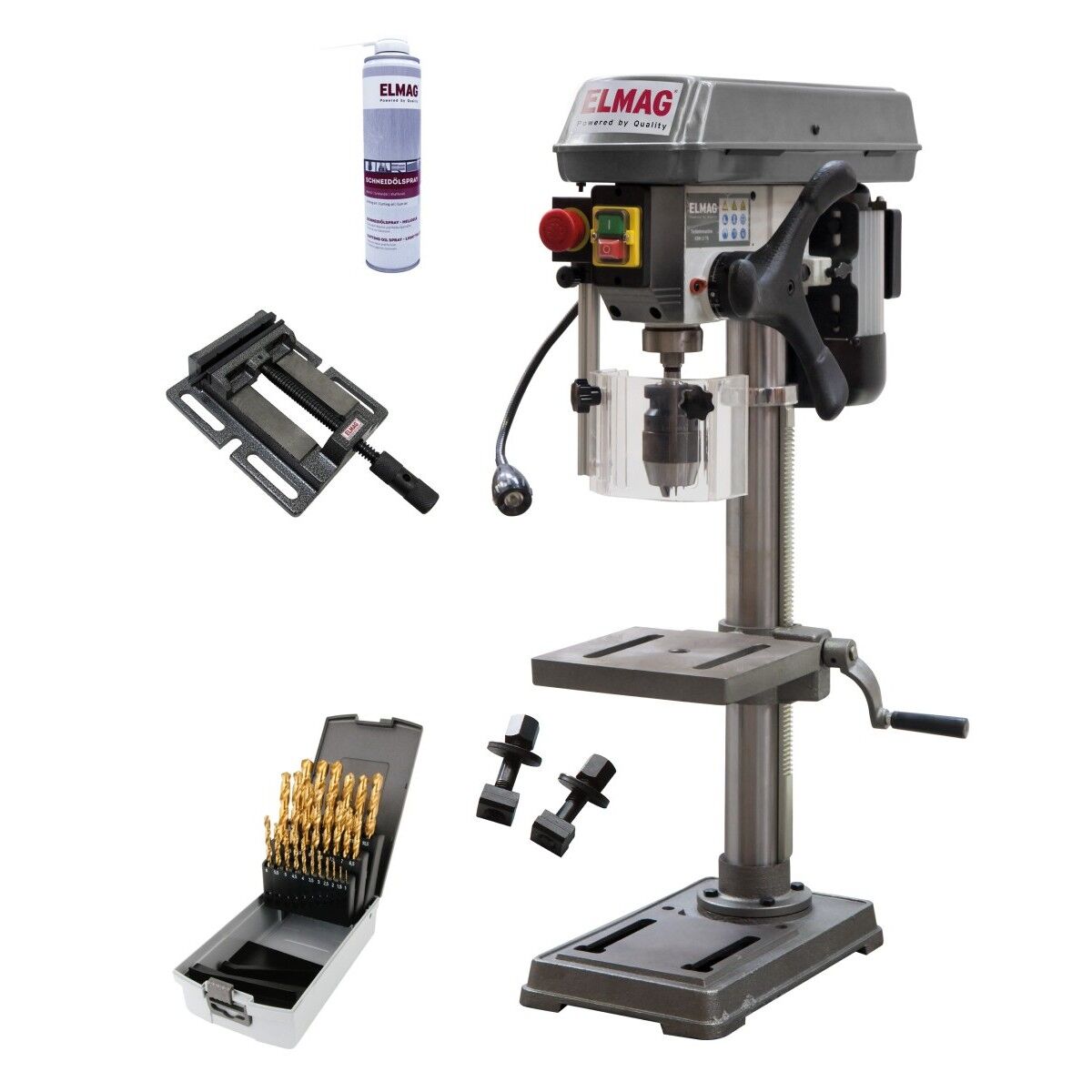 Tischbohrmaschine ELMAG mit Bohrfutter, Bohrerset, Schraubstock, Spannpratzen und Schmiermittelspray auf weißem Hintergrund.