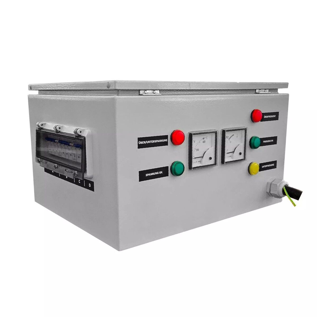 Rechteckiger Schaltschrank mit Anzeigen, Kontrollleuchten und zwei analogen Messgeräten an der Front.