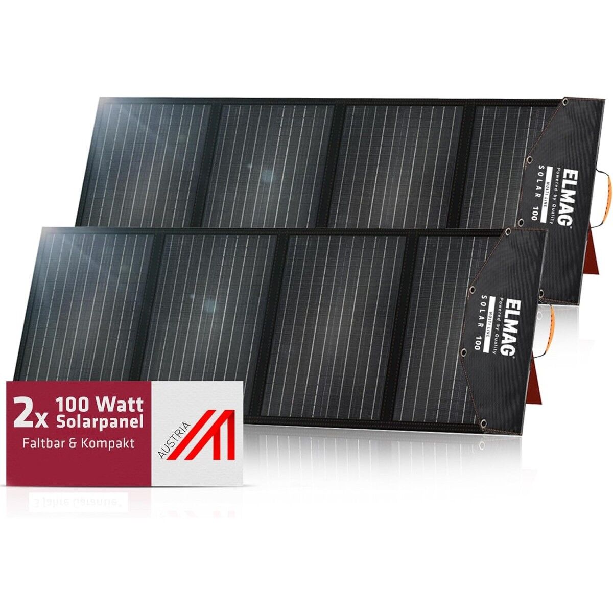 Zwei faltbare 100 Watt-Solarpanels nebeneinander mit Hinweis auf 3 Jahre Garantie und kompaktes Design.