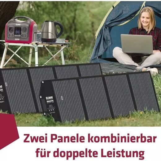 Zwei Solarpaneele vor Zelt und Camperin, Hinweis auf kombinierbare Leistung für doppelte Energie.