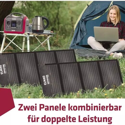 Zwei tragbare Solarpanele (100 W) von Elmag nebeneinander auf einer Wiese, Text: „Zwei Panele kombinierbar für doppelte Leistung“.