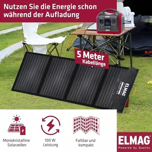 ELMAG Energy 600 mit faltbarem 100 W-Solarpanel, 5 m Kabel, monokristallinen Zellen und Tisch beim Camping.