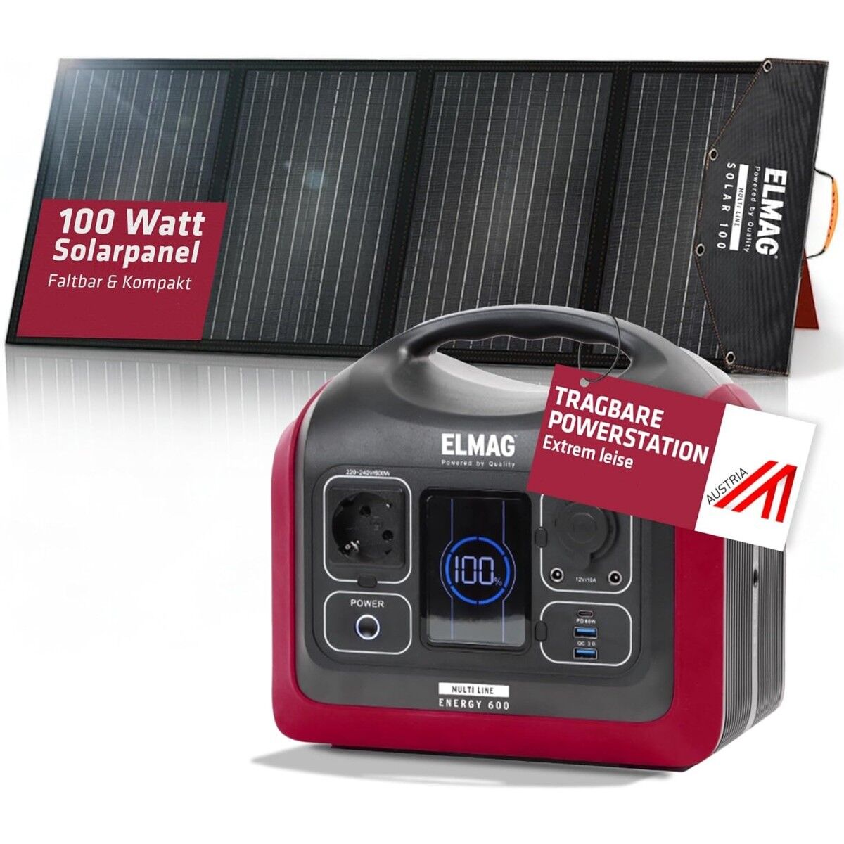 ELMAG Energy 600 Powerstation mit 100 W faltbarem Solarpanel, extrem leise, tragbar, mit 3 Jahre Garantie.