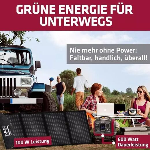 ELMAG Energy 600 und faltbares 100 W-Solarpanel beim Camping – mobile Energie mit 600 W Dauerleistung.