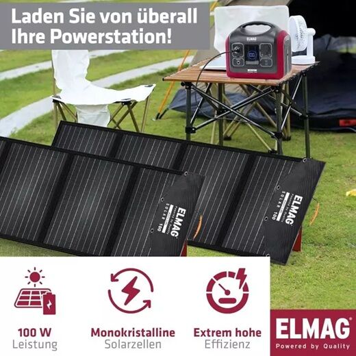 Elmag-Solarpanel auf Wiese, angeschlossen an Powerstation, Text unten: 100 W Leistung, monokristalline Solarzellen, hohe Effizienz.