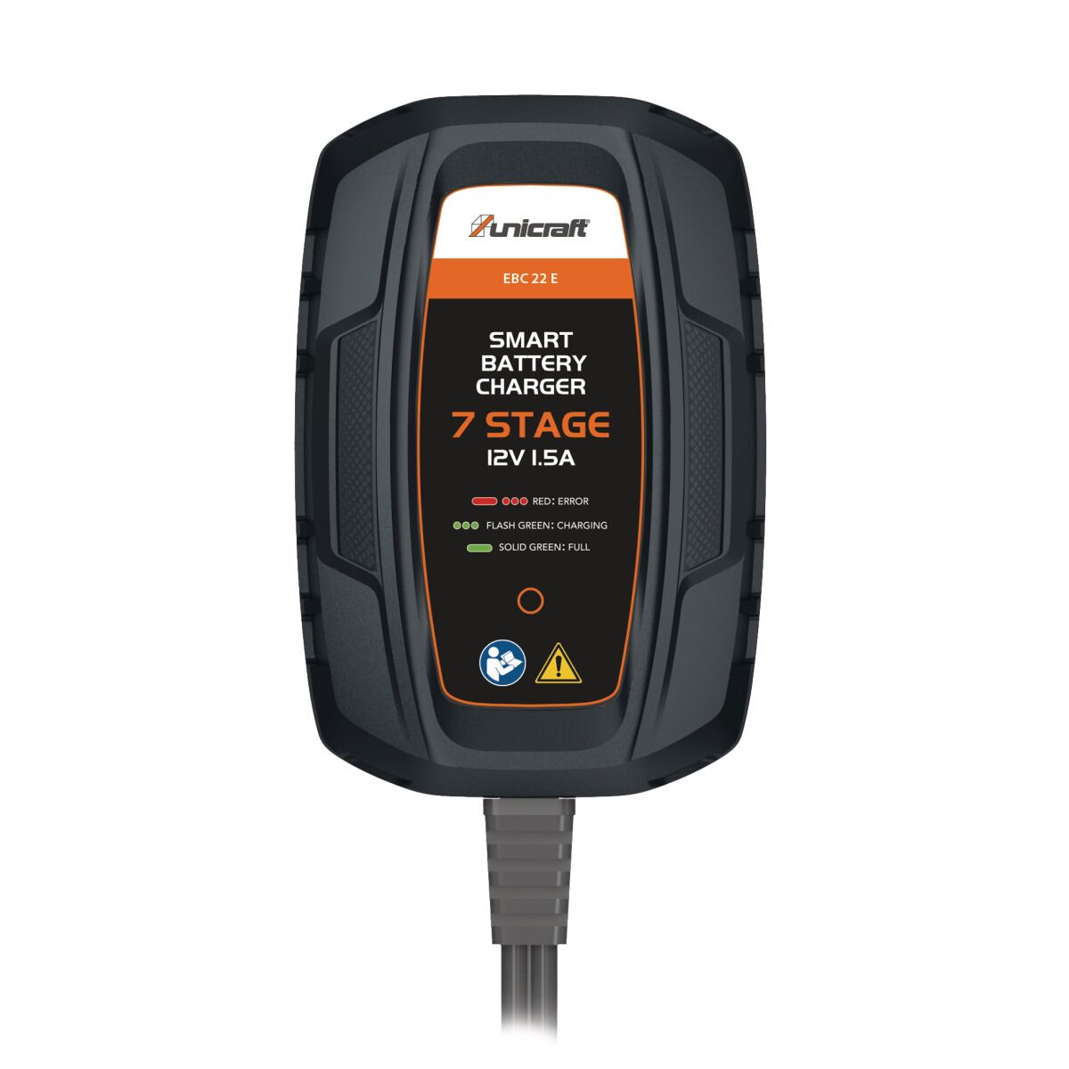 Kompaktes Batterieladegerät in Schwarz-Orange mit LED-Anzeigen und Aufschrift ‚Smart Battery Charger 7 Stage 12V 1.5A‘