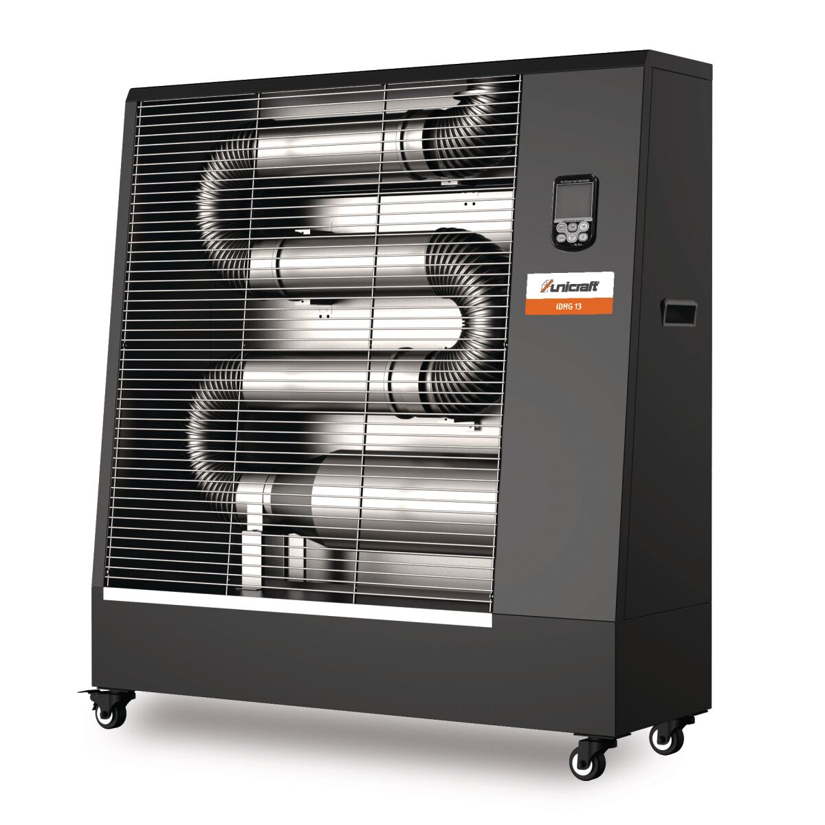 Schwarzes Heizgerät mit Metallgittern, sichtbaren Rohrleitungen und Digitalanzeige auf Rollen.