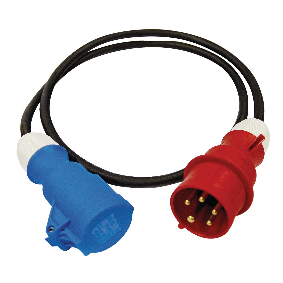 Schwarzes Adapterkabel mit rotem CEE-Stecker und blauer CEE-Kupplung, verwendet zum Verbinden von Starkstromanschlüssen mit Geräten unterschiedlicher Steckertypen.