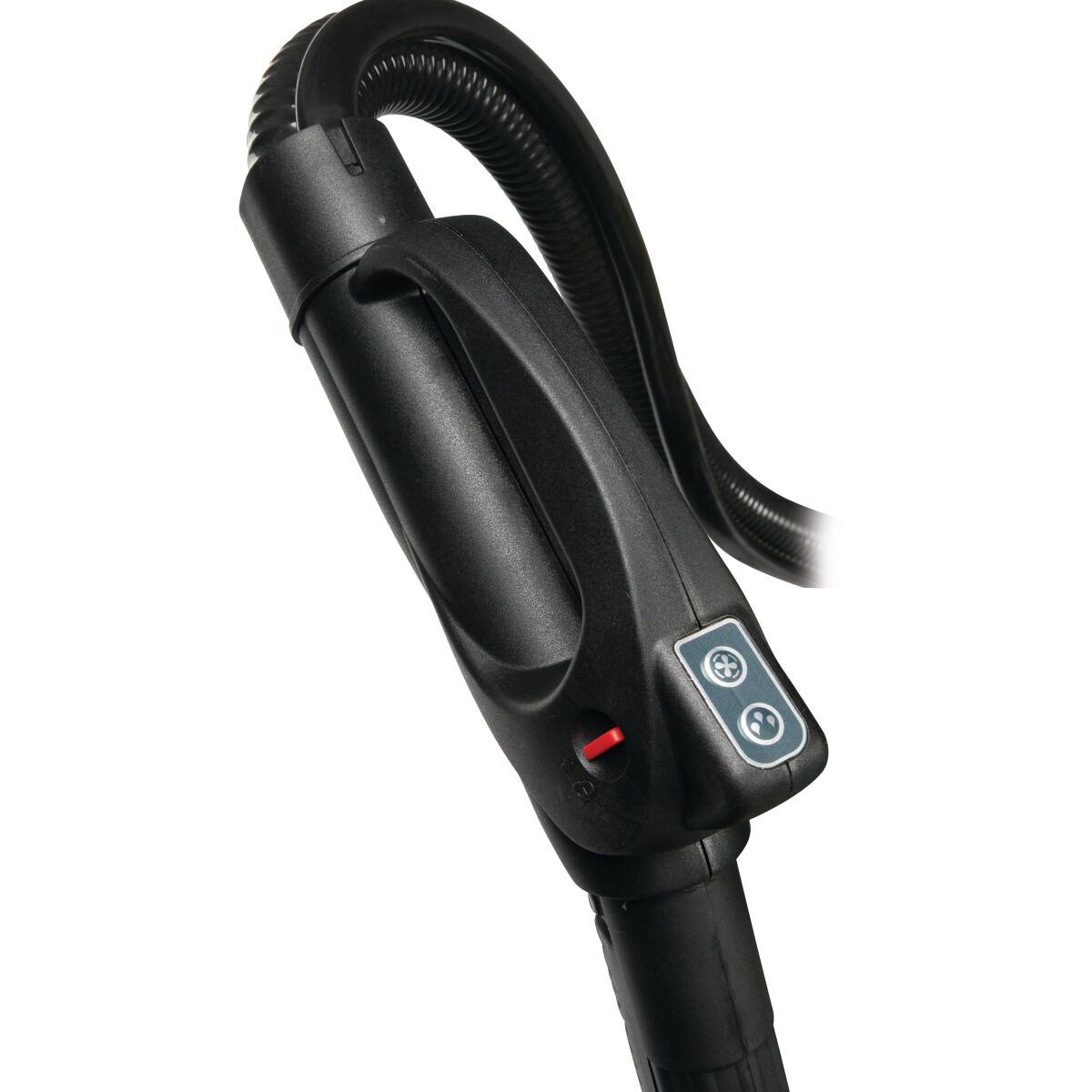Detailansicht des ergonomischen Handgriffs eines Dampfreinigers mit Tasten und Schlauchanschluss.