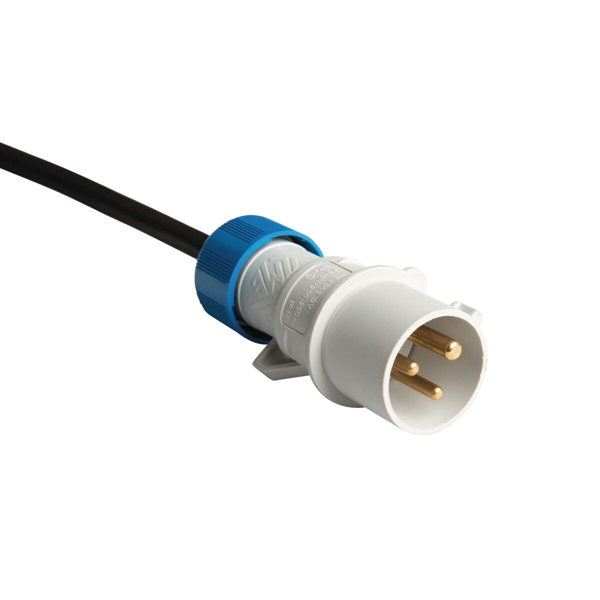 Nahaufnahme eines blauen Starkstromsteckers mit schwarzem Kabel.