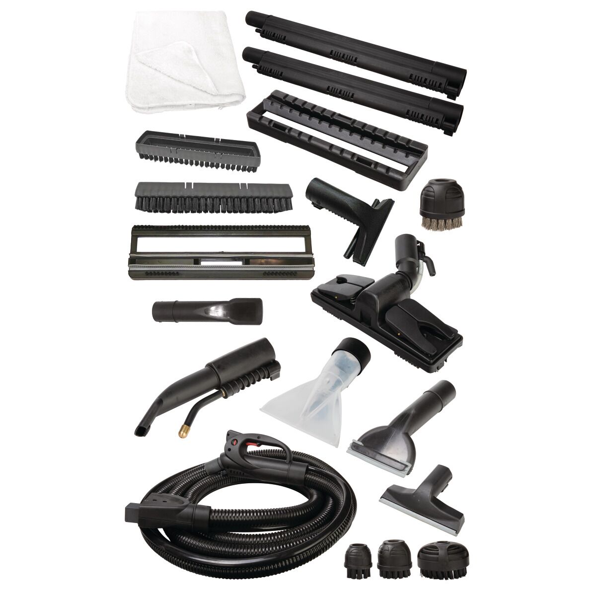 Umfangreiches Zubehörset für Dampfreiniger mit Bürsten, Düsen, Schläuchen, Verlängerungen und Aufsätzen.