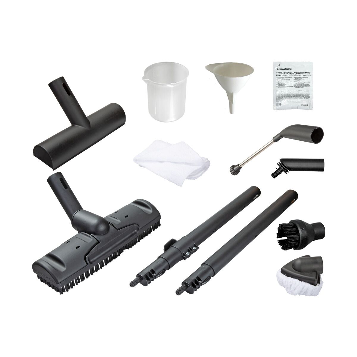 Zubehörset für Dampfreiniger mit Bürsten, Düsen, Verlängerungsrohren, Trichter, Messbecher und Reinigungstüchern.