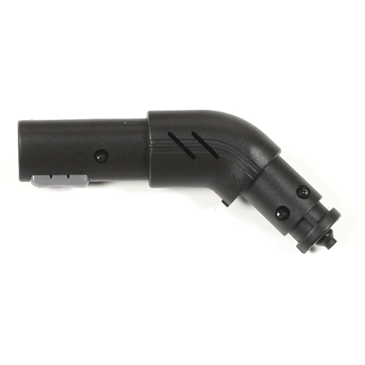 Schwarzer Düsenkopf mit 90-Grad-Winkel für Dampfreiniger, dient als Adapter zwischen Schlauch und Zubehör zur gezielten Dampfausgabe an schwer zugänglichen Stellen.