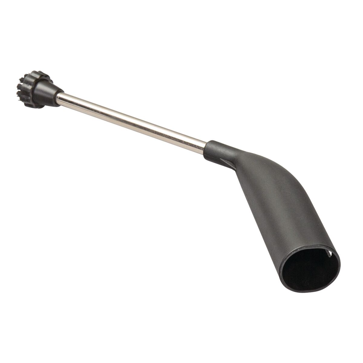 Lange Dampfreinigerdüse mit gebogenem schwarzem Griff und Metallrohr, ausgestattet mit einer kleinen Rundbürste zur gezielten Reinigung schwer zugänglicher Stellen.