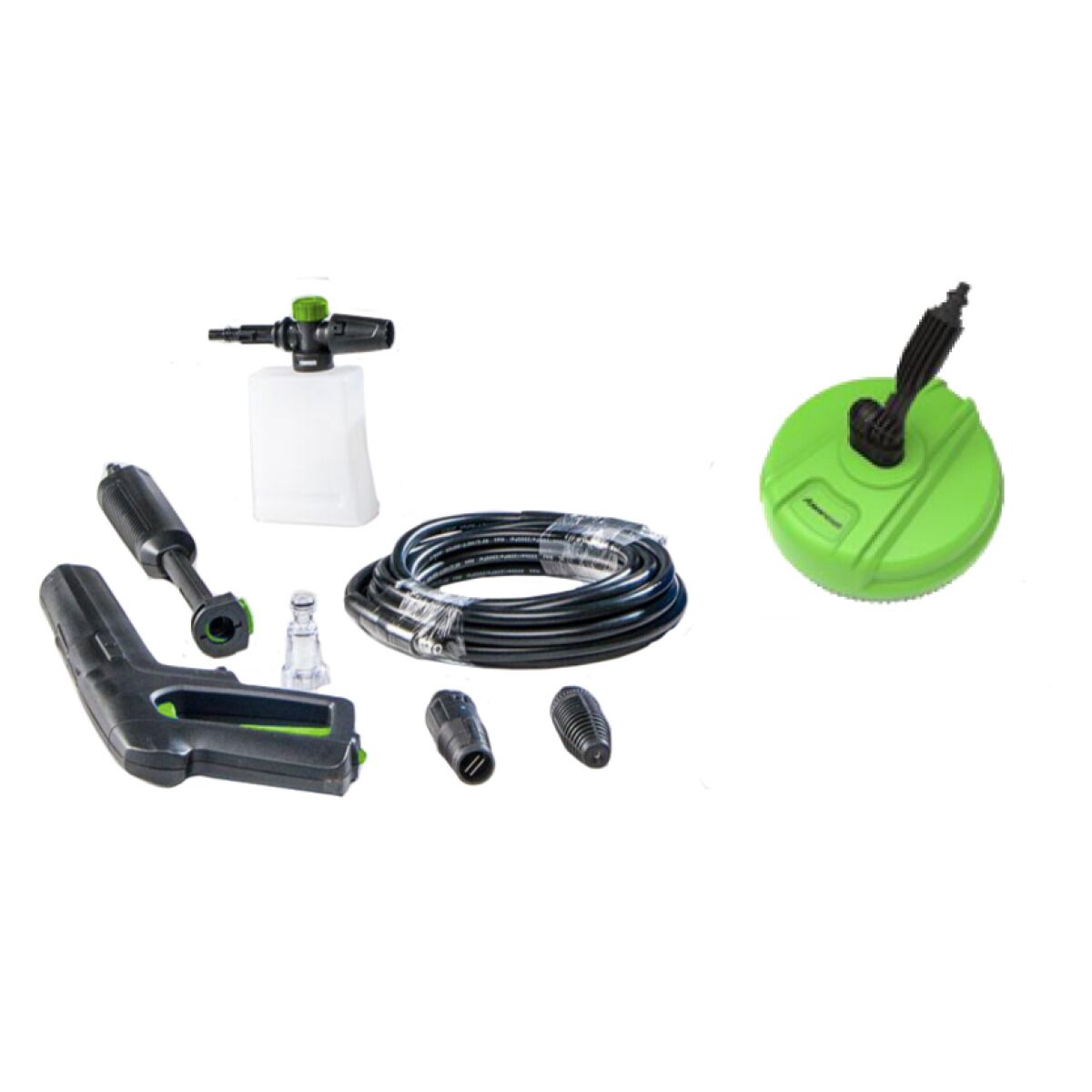 Zubehörset für Hochdruckreiniger bestehend aus Spritzpistole, Lanzen, Hochdruckschlauch, Reinigungsmitteltank und grünem Flächenreiniger.