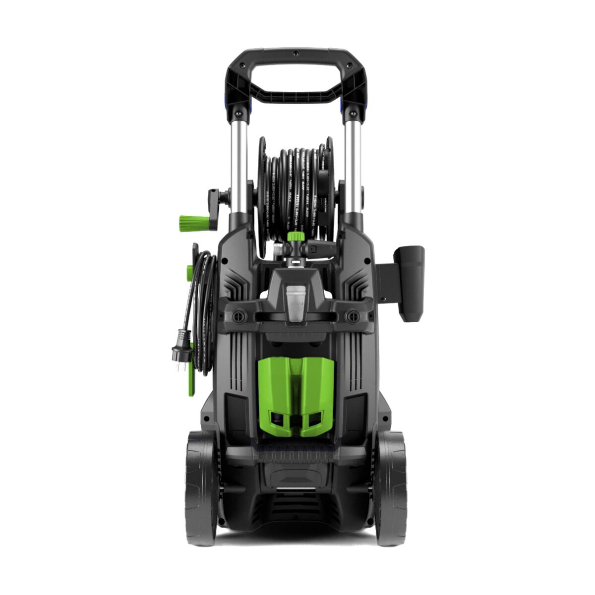 Hochdruckreiniger von hinten mit Schlauchaufroller, Stromkabel und robustem Fahrgestell.