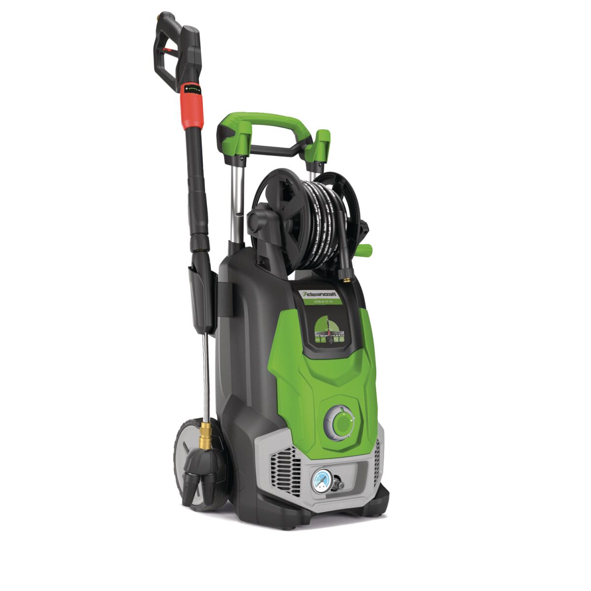 Elektrischer Hochdruckreiniger in Grün-Schwarz mit ergonomischem Griff und integriertem Druckmanometer.