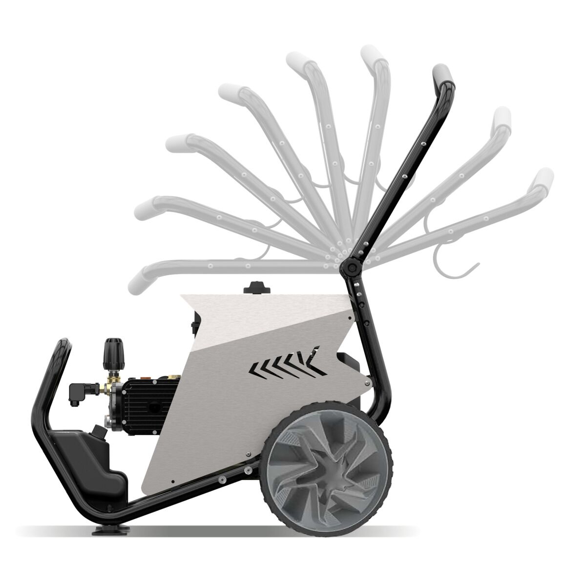 Detailansicht des Hochdruckreinigers mit Edelstahlgehäuse, Pumpe und großen Rädern.