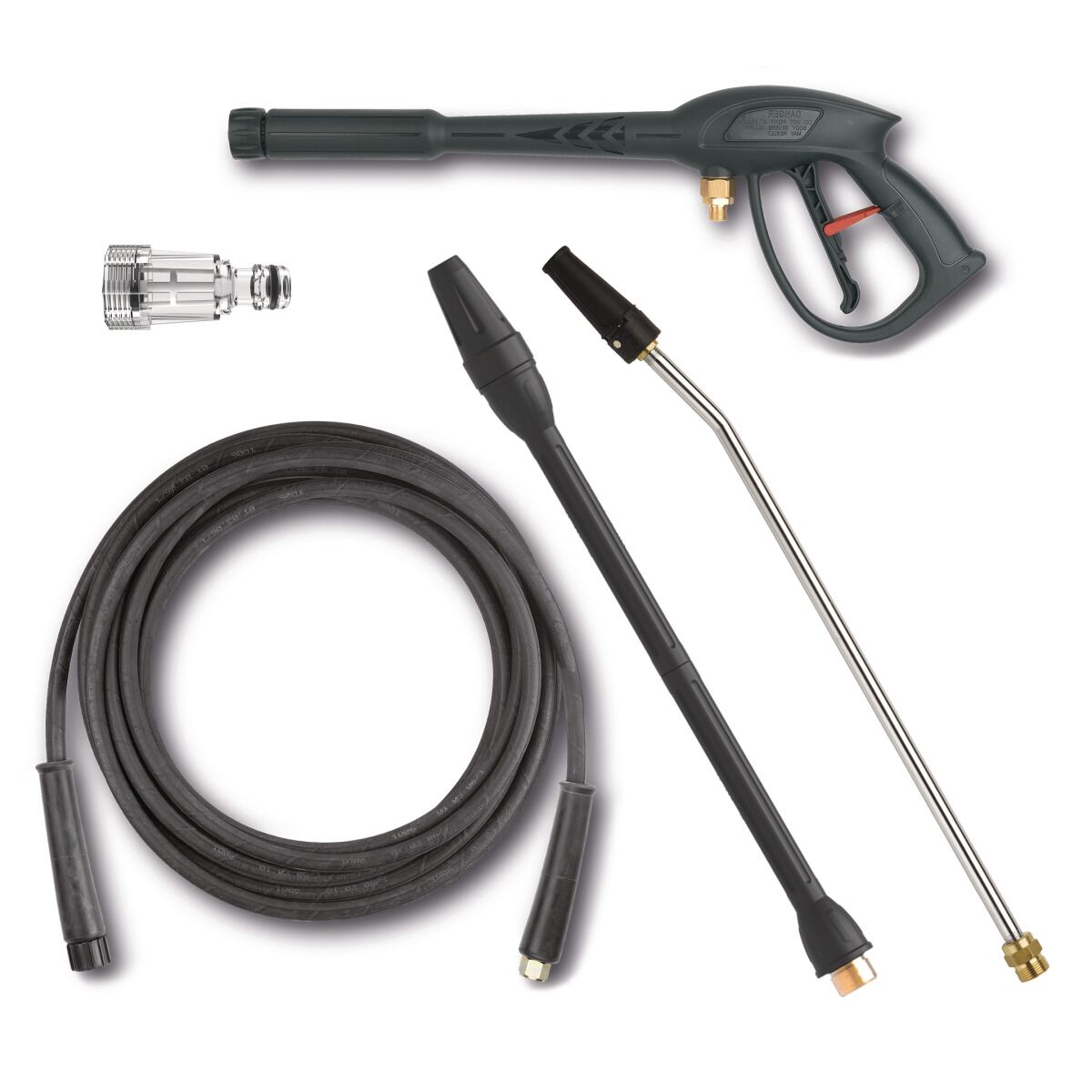 Zubehörset für Hochdruckreiniger bestehend aus Spritzpistole, Lanzen, Hochdruckschlauch und Wasseranschlussadapter.