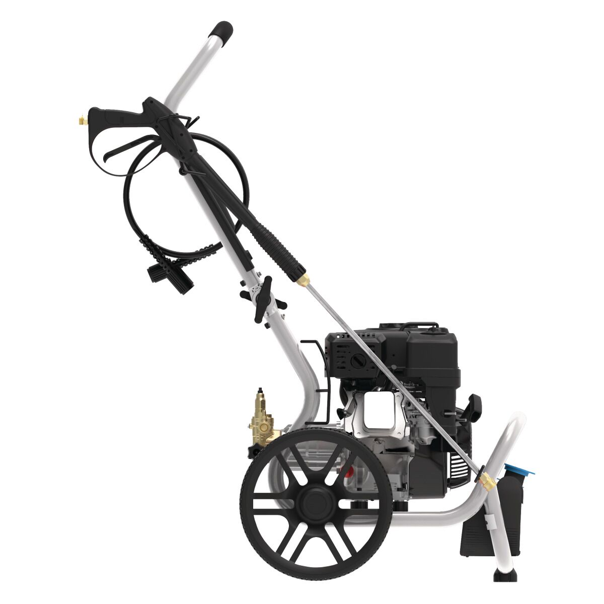 Seitenansicht eines leistungsstarken Benzin-Hochdruckreinigers mit großem Fahrgestell, Spritzpistole und robusten Rädern.