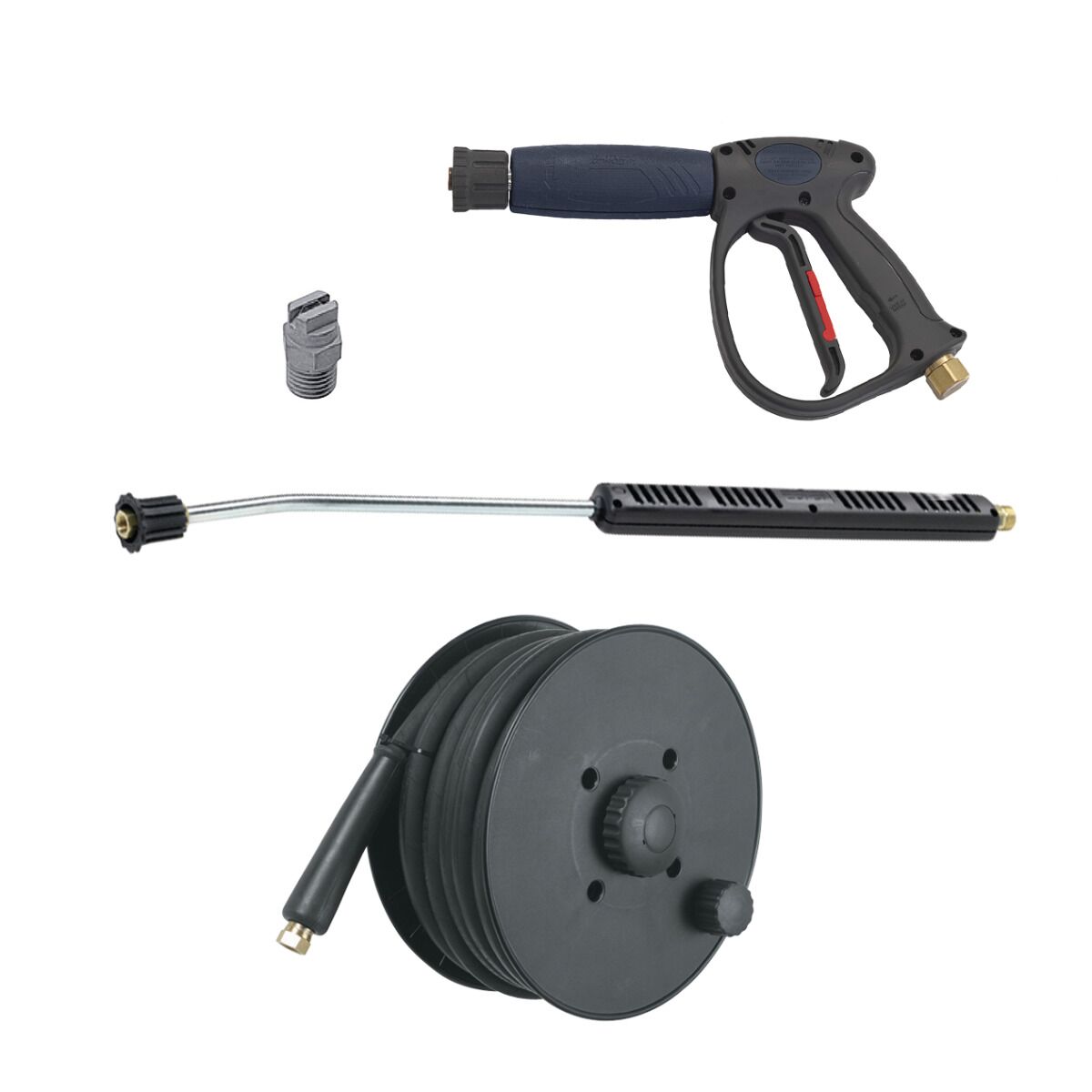 Zubehörset für Hochdruckreiniger mit Spritzpistole, Lanze, Flachstrahldüse und Schlauchtrommel.